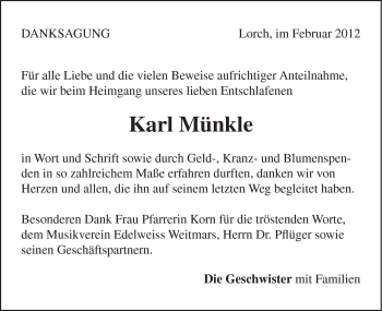 Traueranzeige von Karl Münkle von Gmünder Tagespost
