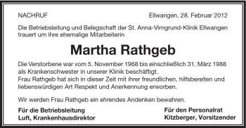 Traueranzeige von Martha Rathgeb von Schwäbische Post