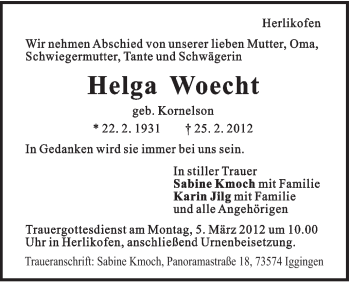 Traueranzeige von Helga Woecht von Gmünder Tagespost
