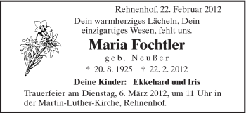 Traueranzeige von Maria Fochtler von Gmünder Tagespost