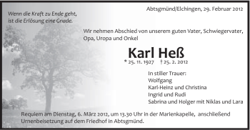 Traueranzeige von Karl Heß von Schwäbische Post