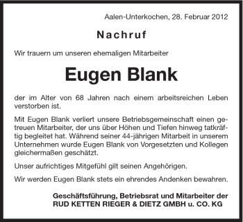 Traueranzeige von Eugen Blank von Schwäbische Post
