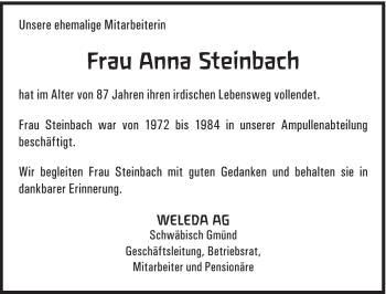 Traueranzeige von Anna Steinbach von Gmünder Tagespost