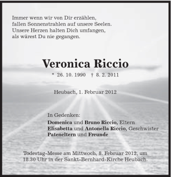 Traueranzeige von Veronica Ricco von Gmünder Tagespost