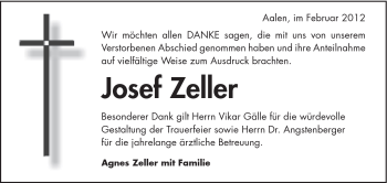 Traueranzeige von Josef Zeller von Schwäbische Post