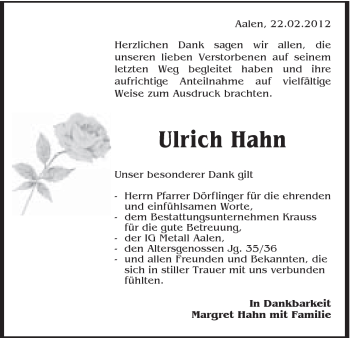 Traueranzeige von Ulrich Hahn von Schwäbische Post
