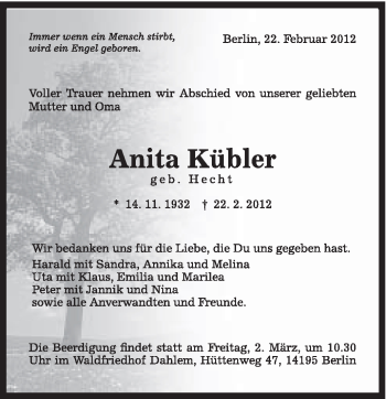 Traueranzeige von Anita Kübler von Schwäbische Post
