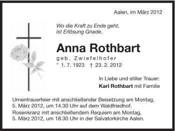 Traueranzeige von Anna Rothbart von Schwäbische Post