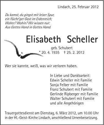 Traueranzeige von Elisabeth Scheller von Gmünder Tagespost