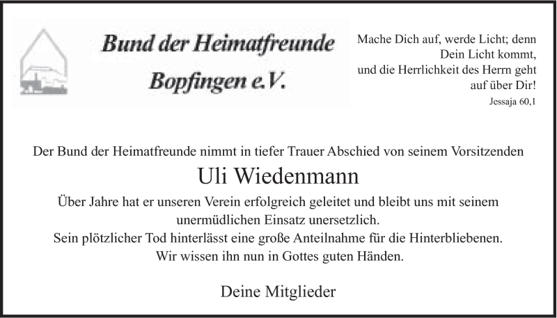  Traueranzeige für Uli Wiedenmann vom 02.03.2012 aus 082