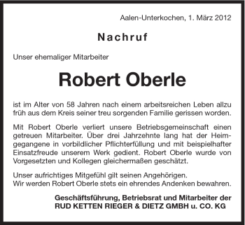 Traueranzeige von Robert Oberle von Schwäbische Post