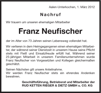 Traueranzeige von Franz Neufischer von Schwäbische Post