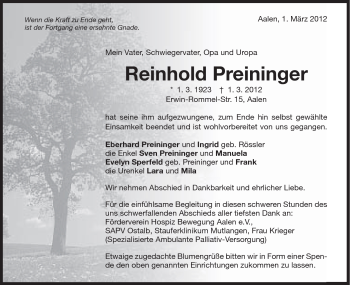 Traueranzeige von Reinhold Preininger von Schwäbische Post