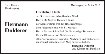 Traueranzeige von Hermann Dolderer von Gmünder Tagespost