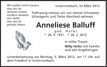 Traueranzeige von Anneliese Balluff von Schwäbische Post