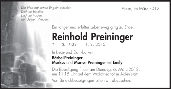 Traueranzeige von Reinhold Preininger von Schwäbische Post