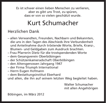 Traueranzeige von Kurt Schumacher von Gmünder Tagespost