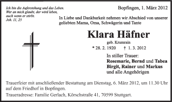 Traueranzeige von Klara Häfner von Schwäbische Post