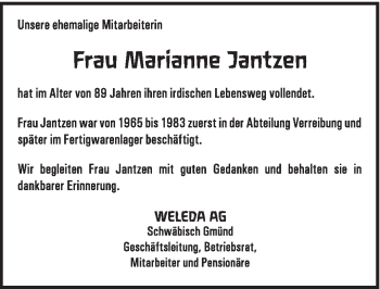 Traueranzeige von Marianne Jantzen von Gmünder Tagespost