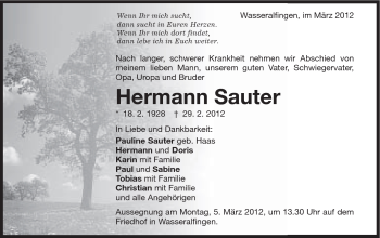 Traueranzeige von Hermann Sauter von Schwäbische Post