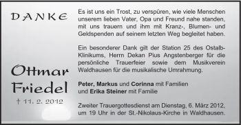 Traueranzeige von Ottmar Friedel von Schwäbische Post