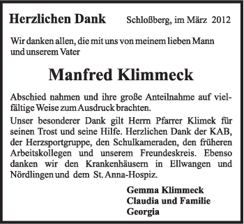 Traueranzeige von Manfred Klimmeck von Schwäbische Post
