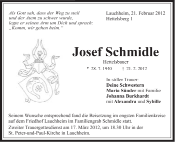 Traueranzeige von Josef Schmidle von Schwäbische Post