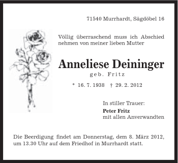 Traueranzeige von Anneliese Deininger von Gmünder Tagespost