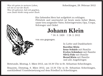 Traueranzeige von Johann Klein von Gmünder Tagespost