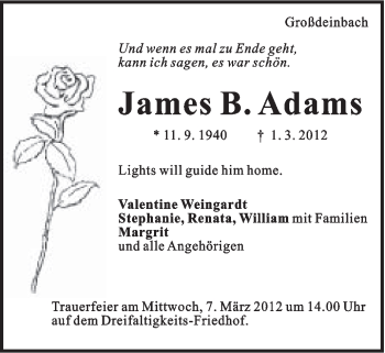 Traueranzeige von James B. Adams von Gmünder Tagespost