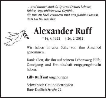 Traueranzeige von Alexander Ruff von Gmünder Tagespost