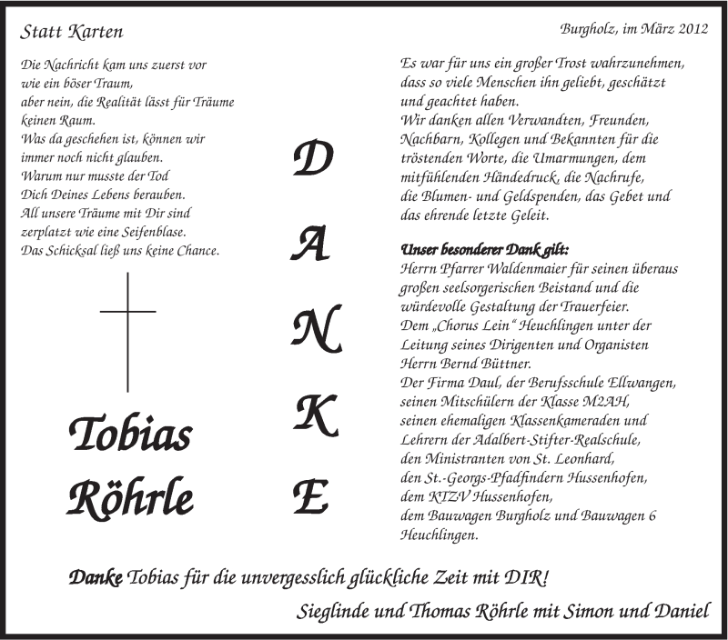  Traueranzeige für Tobias Röhrle vom 03.03.2012 aus Gmünder Tagespost