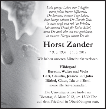 Traueranzeige von Horst Zander von Gmünder Tagespost