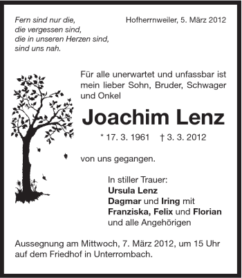 Traueranzeige von Joachim Lenz von Schwäbische Post