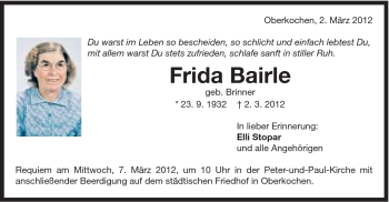 Traueranzeige von Frida Bairle von Schwäbische Post