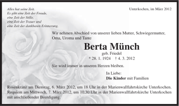 Traueranzeige von Berta Münch von Schwäbische Post