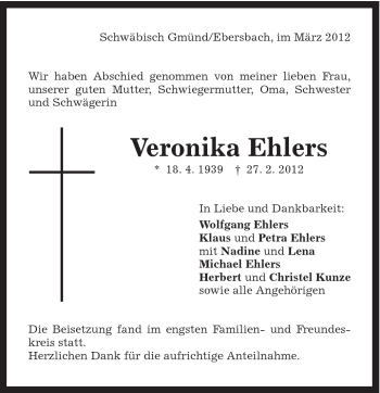 Traueranzeige von Veronika Ehlers von Gmünder Tagespost
