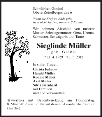 Traueranzeige von Sieglinde Müller von Gmünder Tagespost