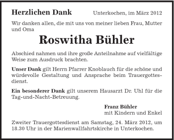 Traueranzeige von Roswitha Bühler von Schwäbische Post