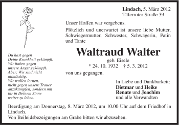 Traueranzeige von Waltraud Walter von Gmünder Tagespost