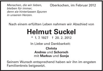 Traueranzeige von Helmut Suckel von Schwäbische Post
