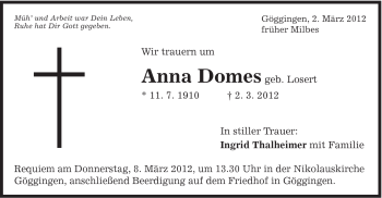 Traueranzeige von Anna Domes von Gmünder Tagespost