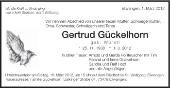 Traueranzeige von Gertrud Gückelhorn von Schwäbische Post