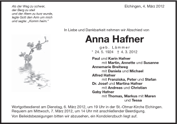 Traueranzeige von Anna Hafner von Schwäbische Post