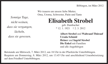 Traueranzeige von Elisabeth Strobel von Gmünder Tagespost