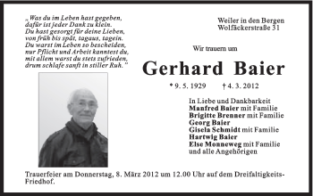 Traueranzeige von Gerhard Baier von Gmünder Tagespost