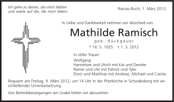 Traueranzeige von Mathilde Ramisch von Schwäbische Post