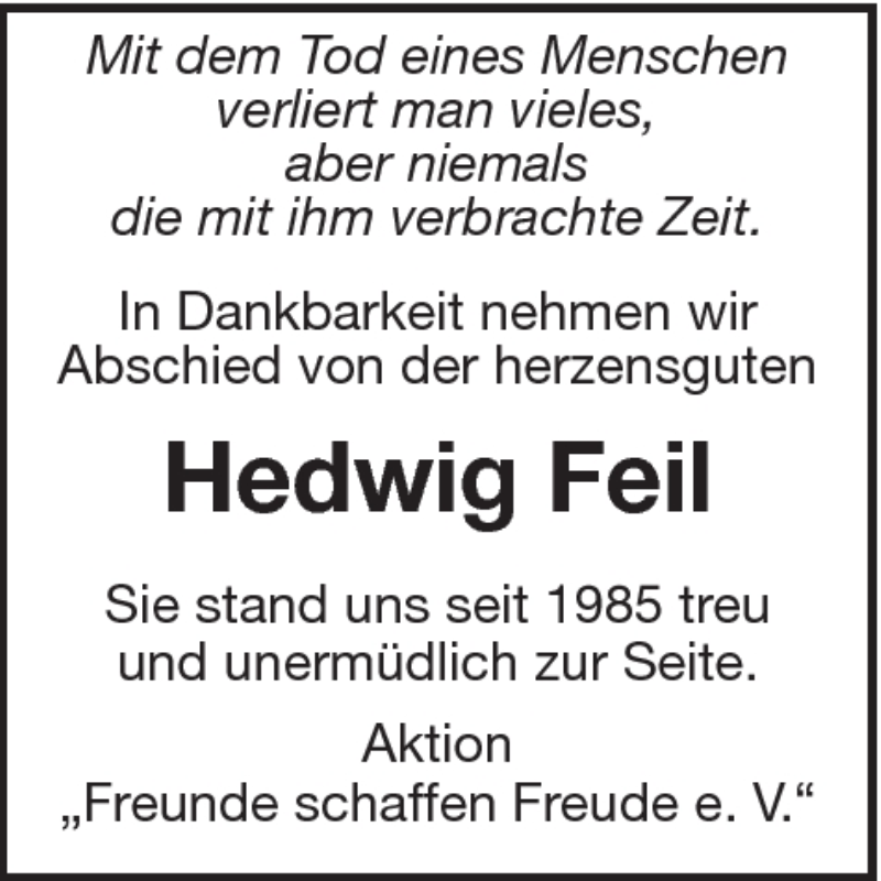  Traueranzeige für Hedwig Feil vom 08.03.2012 aus Schwäbische Post