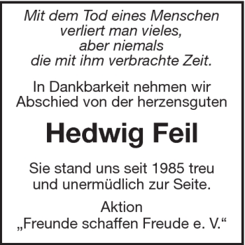 Traueranzeige von Hedwig Feil von Schwäbische Post
