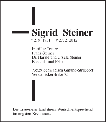Traueranzeige von Sigrid Steiner von Gmünder Tagespost